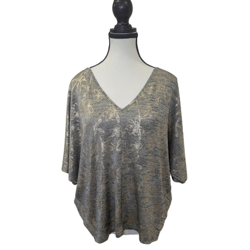 Metallic Foil Dolman Top | WHBM Gold Floral V-Neck Soft Knit Blouse M NWT